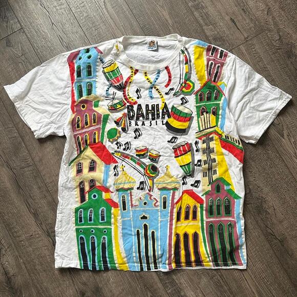 Vintage 80s Retro AOP Brazil Graphic Vacation Novelty Shirt - Picture 1 of 7